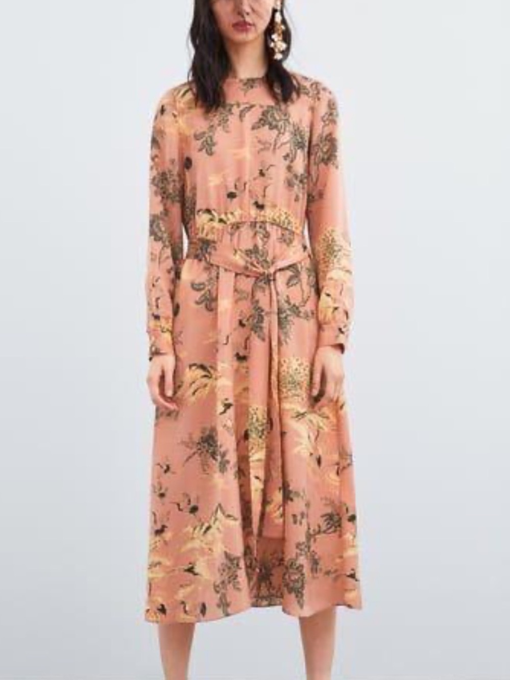 Zara | Salmon Oriental Heron Print Midi Dress